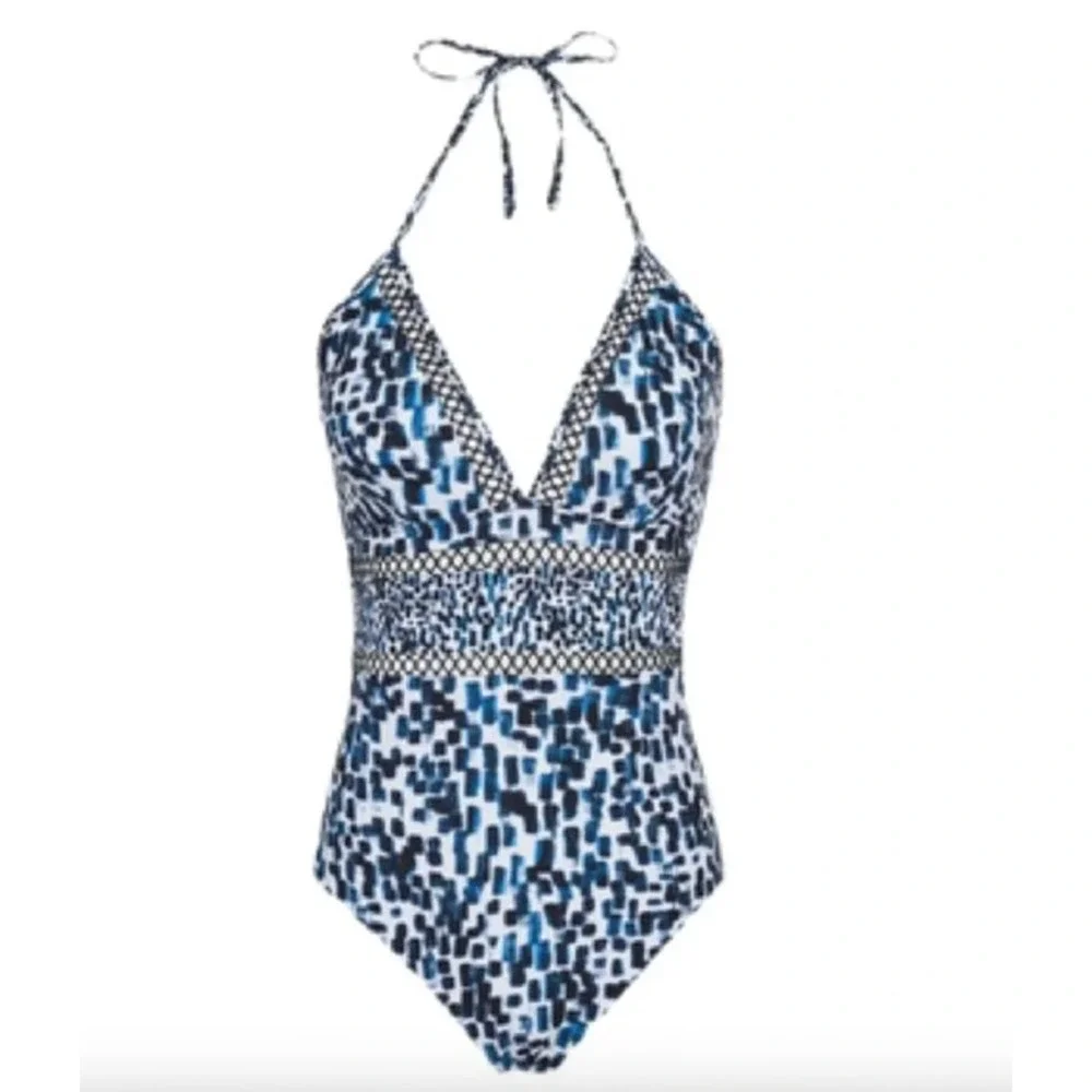 REISS Swimsuit Size 2 NEW Gia Halter Neck Lattice Trim Lasercut $170 Blue Print